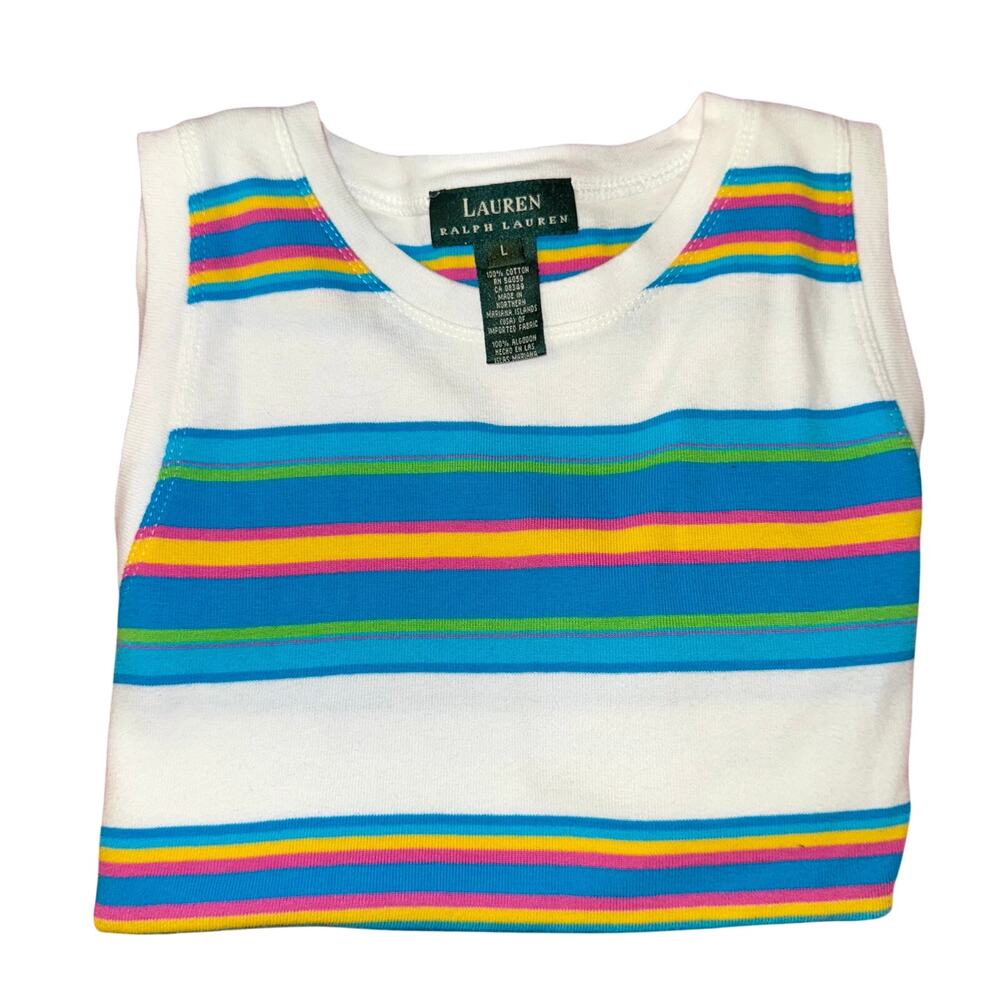Lauren Ralph Lauren Striped Cotton Tank Top White Multicolor Women's Large Y2K - Picture 2 of 14